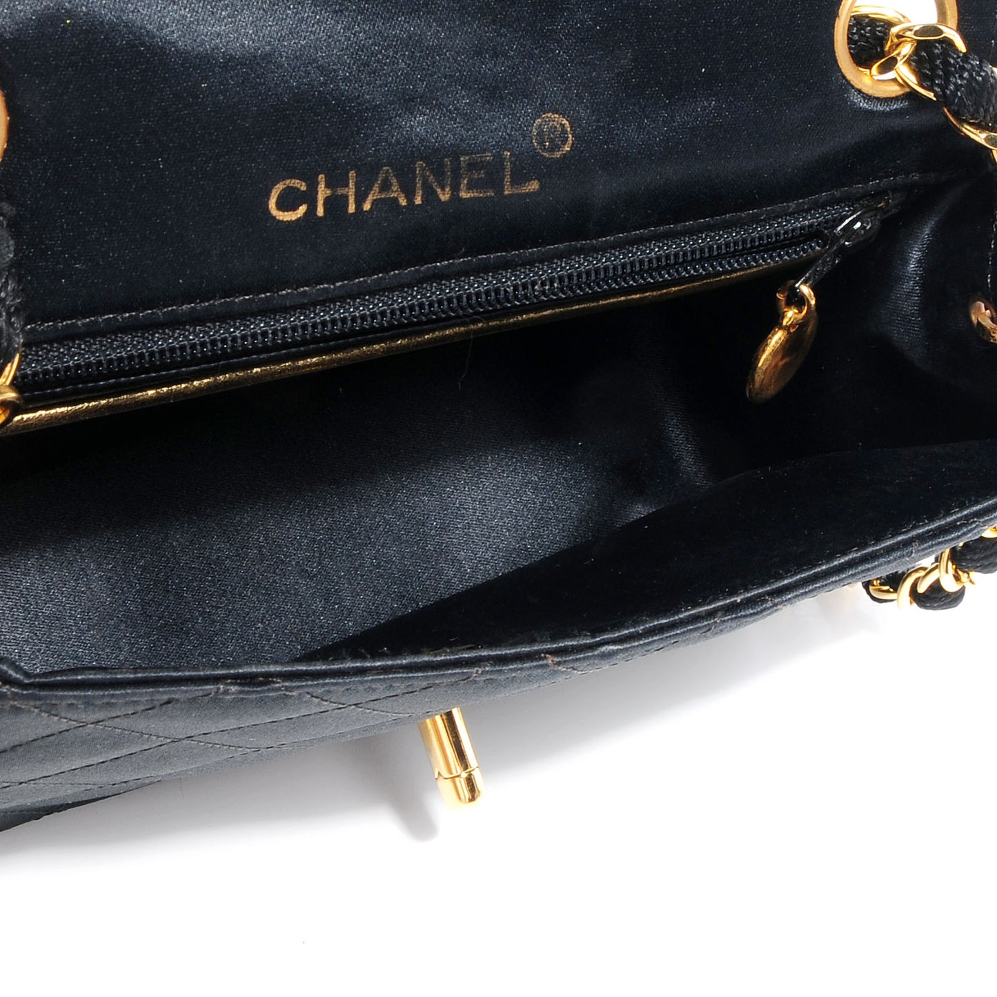 Satin Quilted Mini Flap Black Gold
