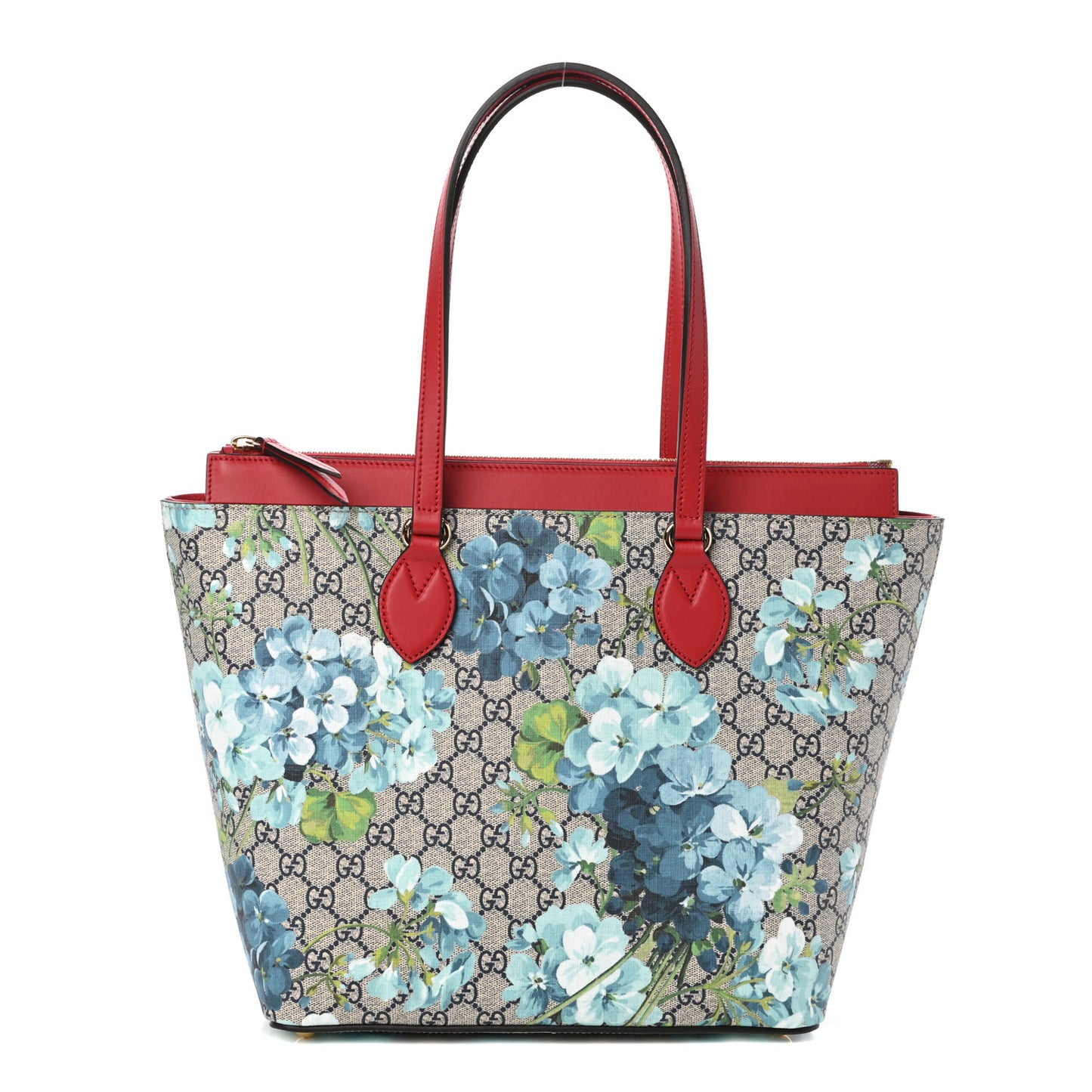 GG Supreme Monogram Blooms Medium Zippered Bucket Tote Beige Blue Navy Hibiscus Red