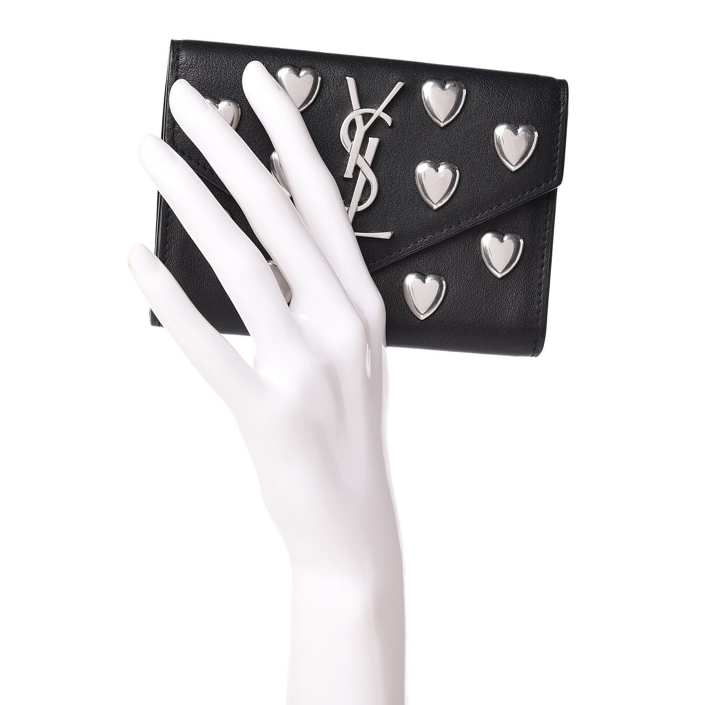 Calfskin Heart Studded Small Envelope Wallet Black