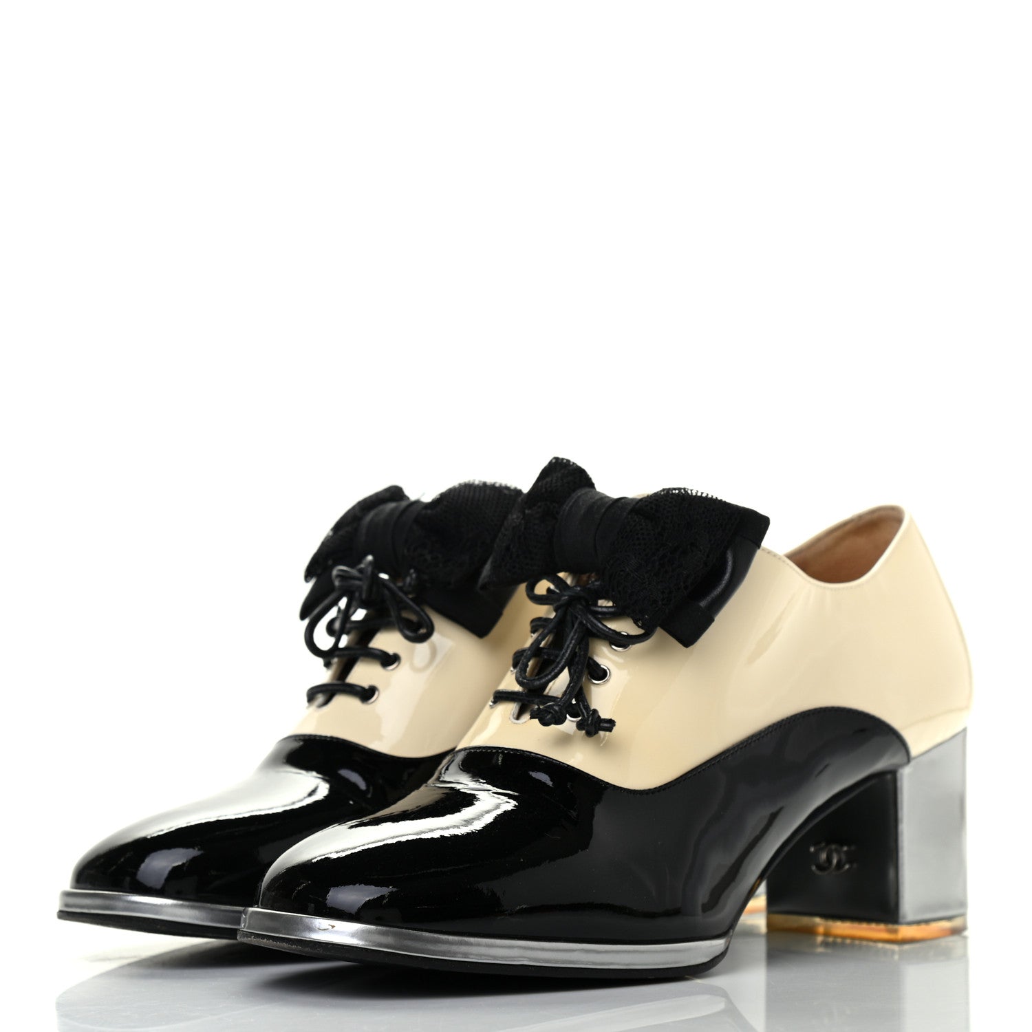Chanel Patent Calfskin CC Bow Lace Up Oxford Pumps 37.5 Beige Black 3 of 8