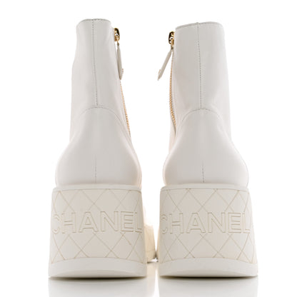 Chanel Lambskin Quilted Lace Up Wedge Combat Boots 37.5 White 8 of 18