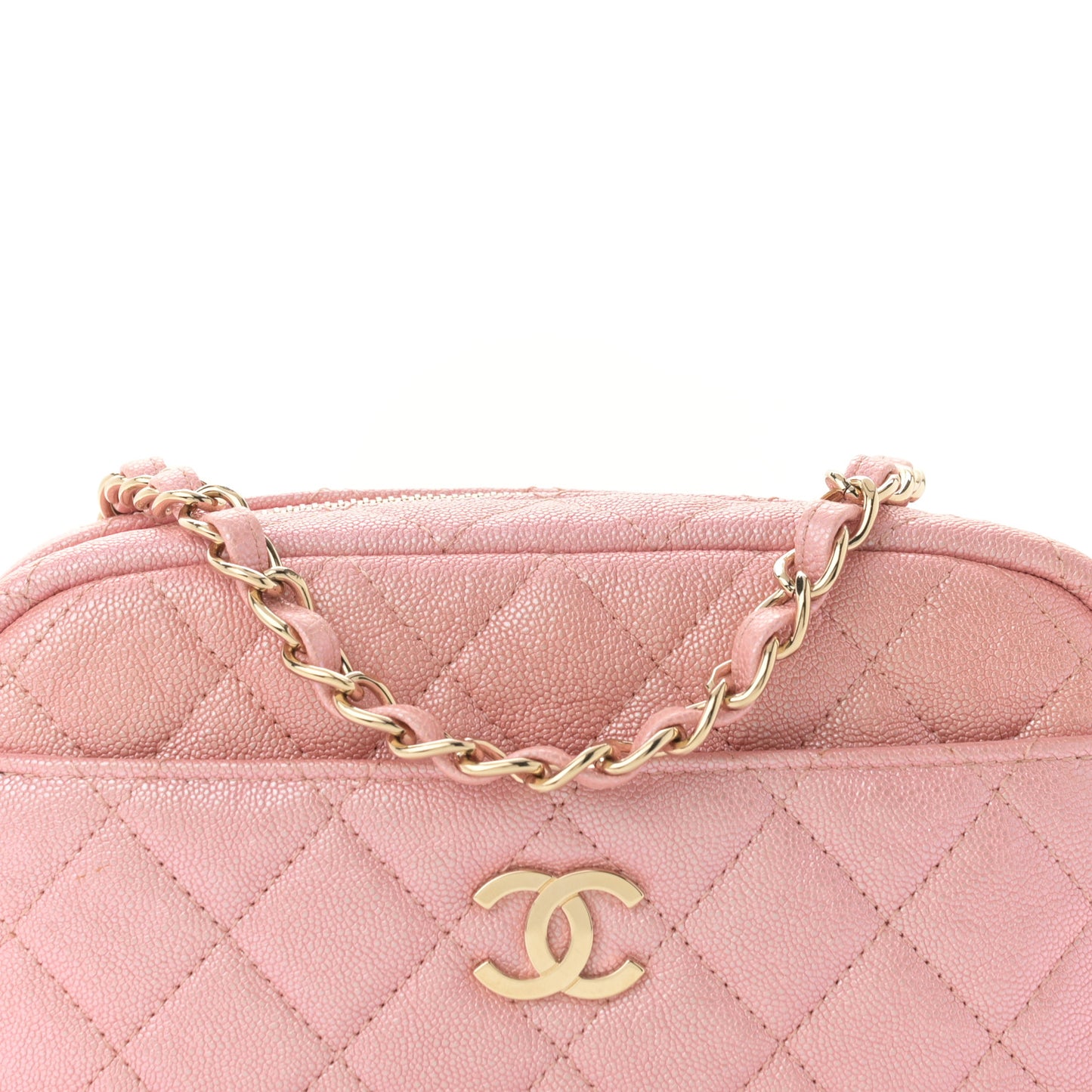 Iridescent Caviar Quilted Small Timeless Camera Case Pink