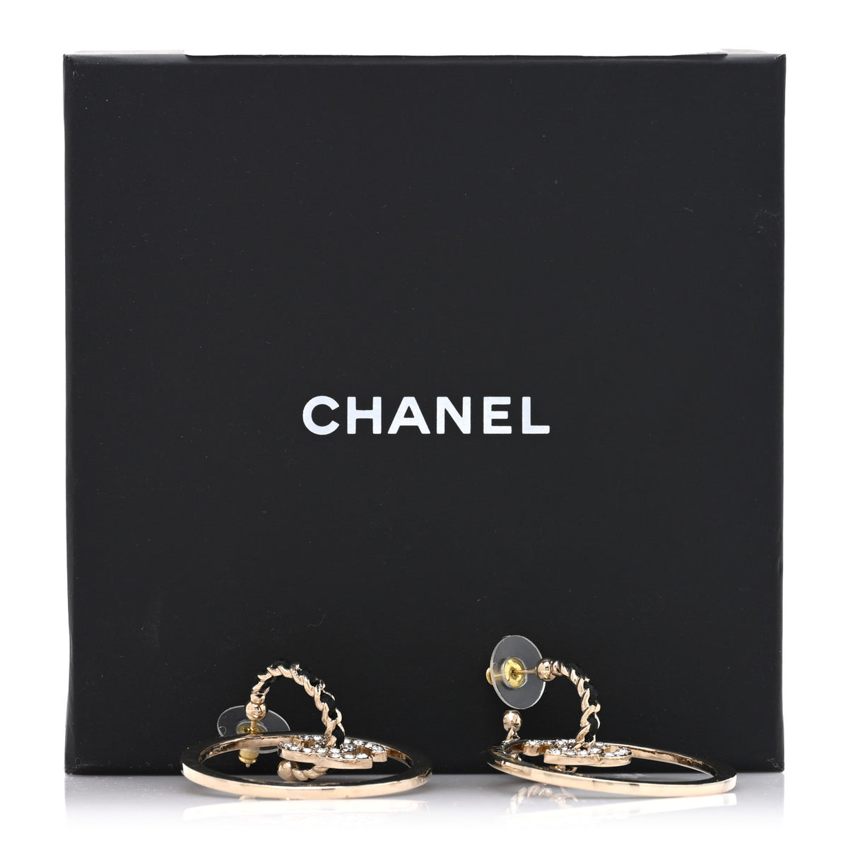 Metal Crystal Lambskin CC Chain Hoop Earrings Gold Black