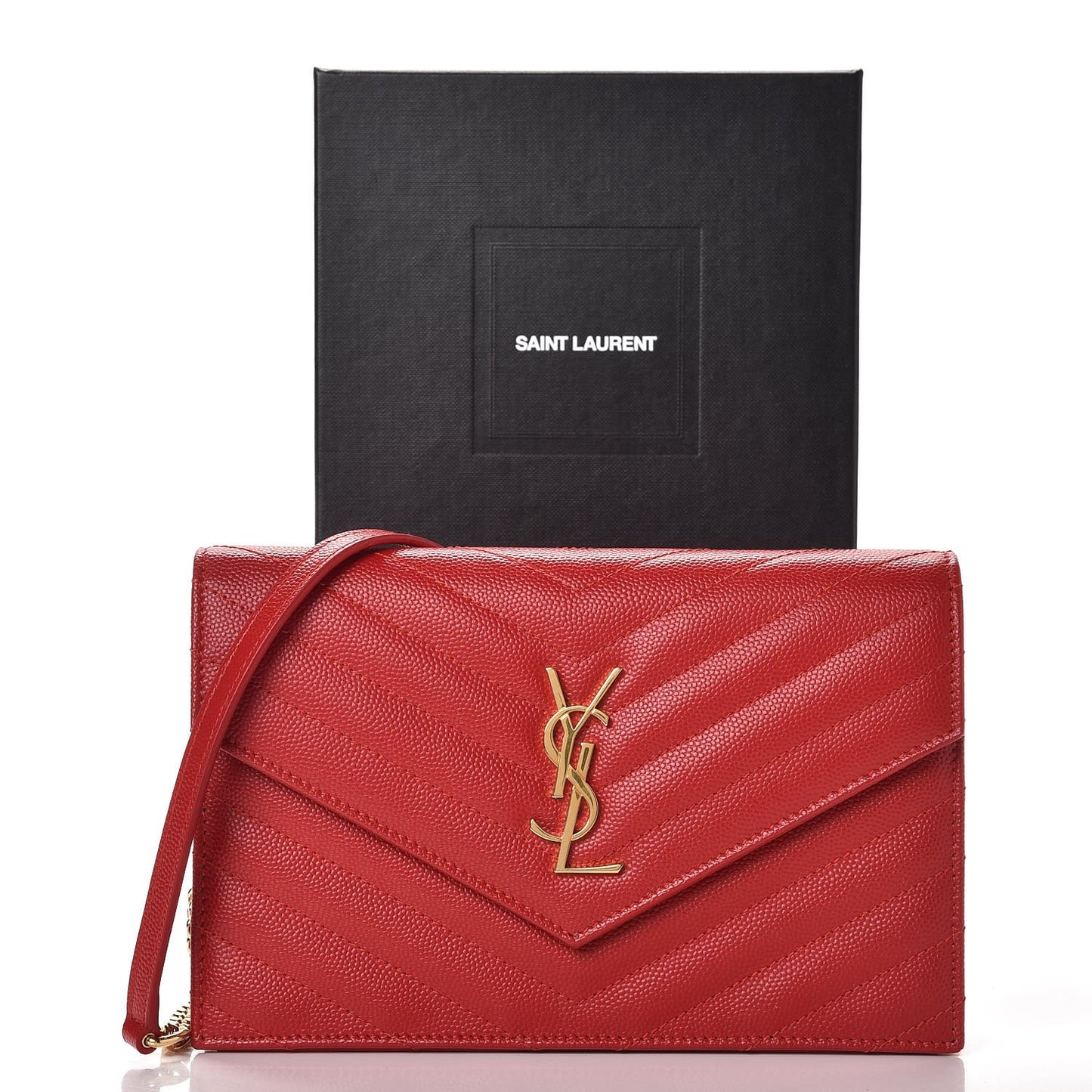 Grain De Poudre Matelasse Chevron Monogram Envelope Chain Wallet New Red