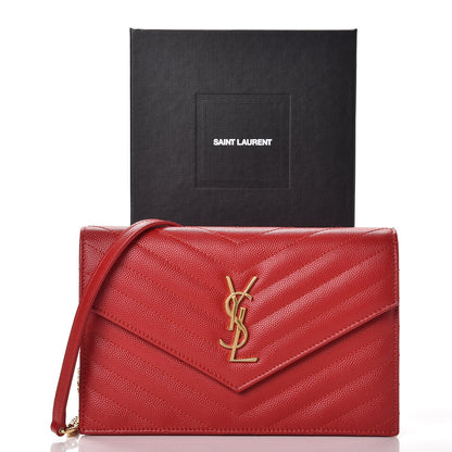 Saint Laurent Grain De Poudre Matelasse Chevron Monogram Envelope Chain Wallet New Red 9 of 9