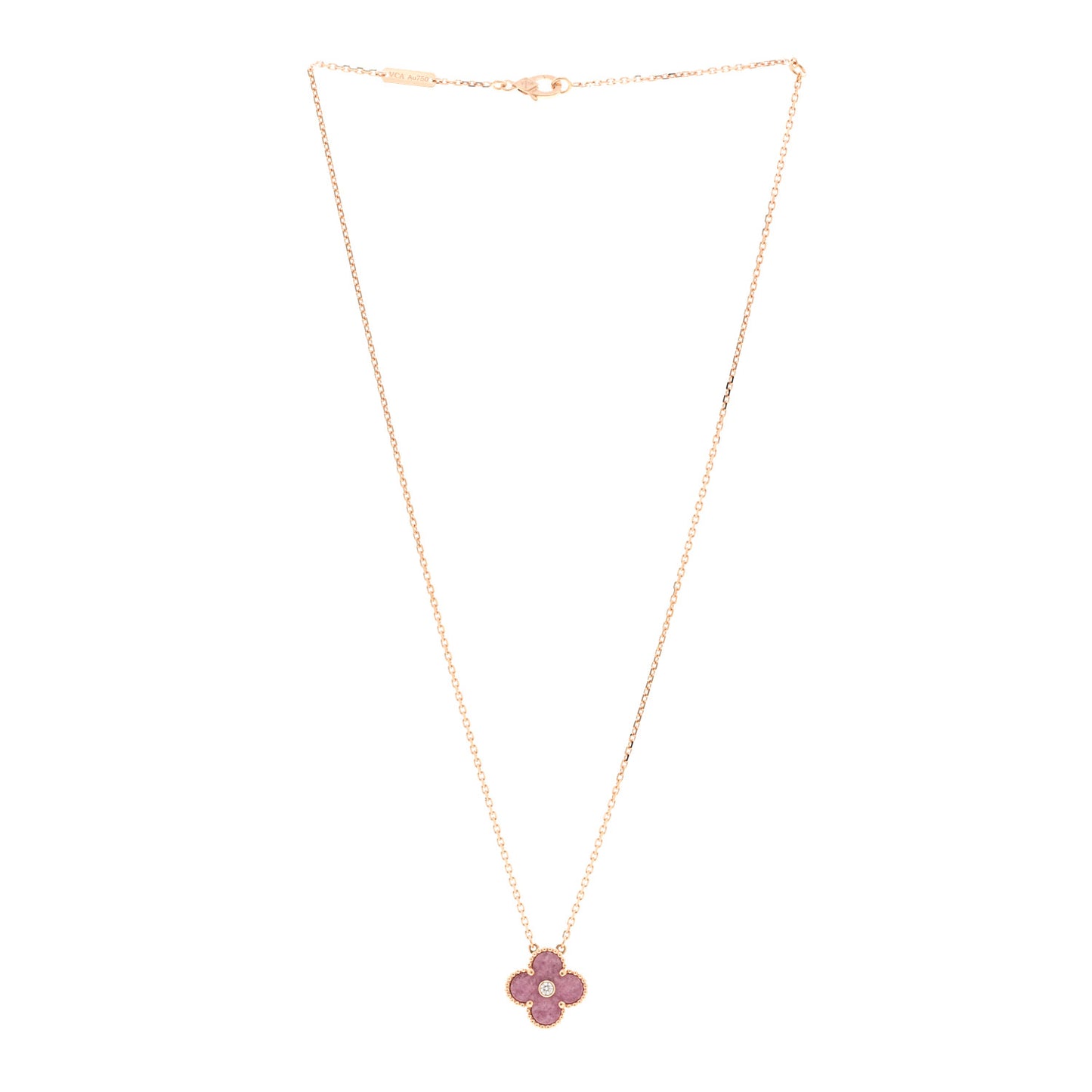 18K Rose Gold Diamond Rhodonite Vintage Alhambra Pendant Necklace