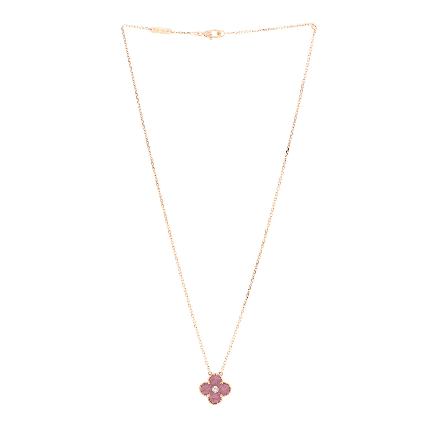 Van Cleef & Arpels 18K Rose Gold Diamond Rhodonite Vintage Alhambra Pendant Necklace 3 of 6
