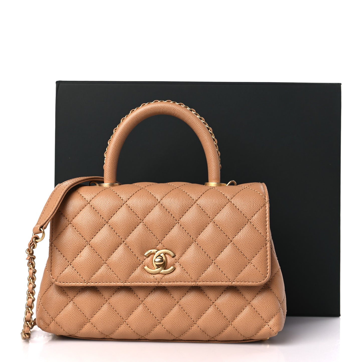 Caviar Quilted Mini Coco Chain Handle Flap Dark Beige
