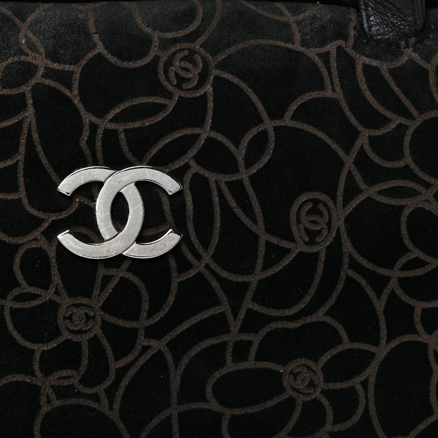 Velvet Camellia Embossed Shoulder Bag Black