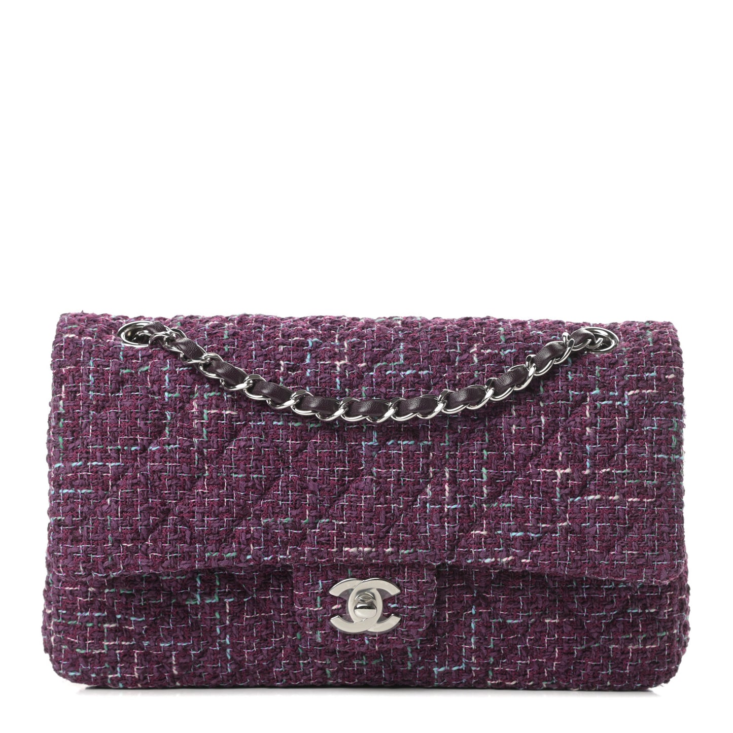 Tweed Quilted Medium Double Flap Purple Green Turquoise
