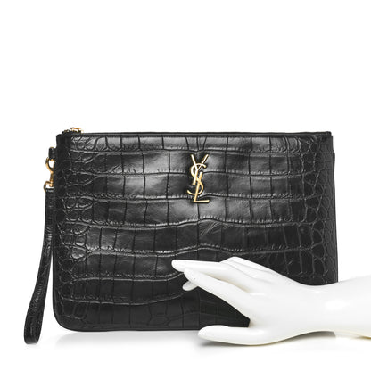 Saint Laurent Calfskin Crocodile Embossed Tablet Pouch Black 2 of 8