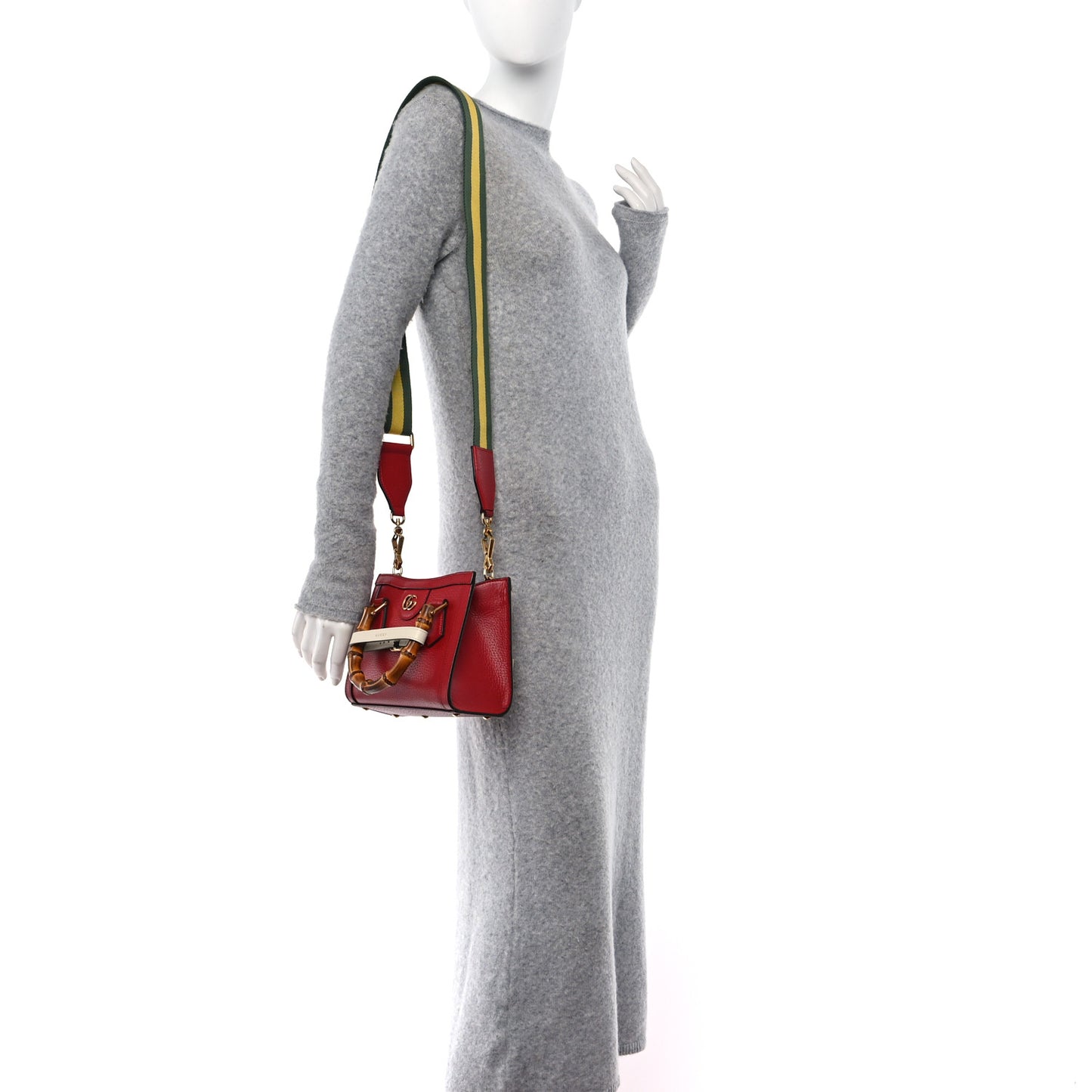 Textured Dollar Calfskin Web Mini Diana Tote Bag Red