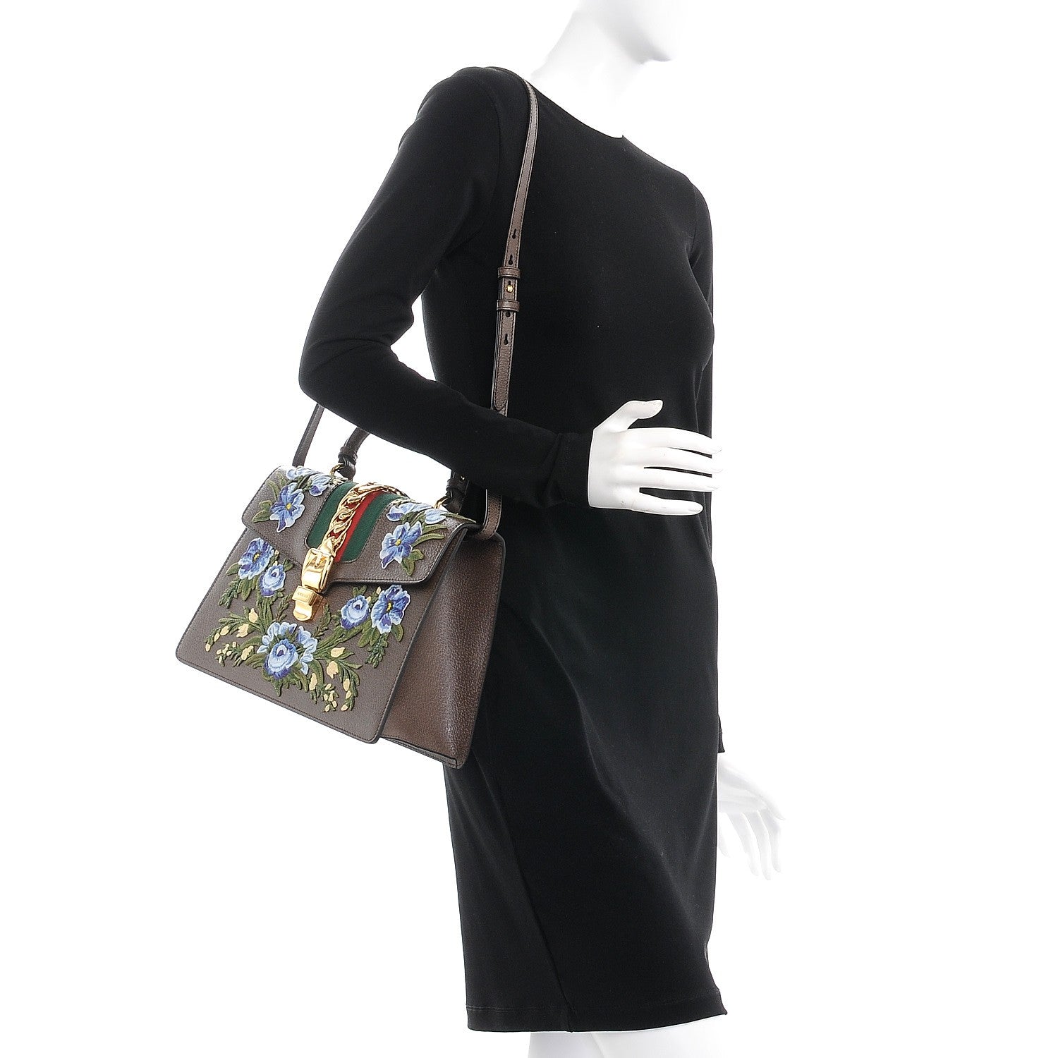 Gucci Calfskin Embroidered Medium Sylvie Top Handle Bag New Acero Multicolor 2 of 8