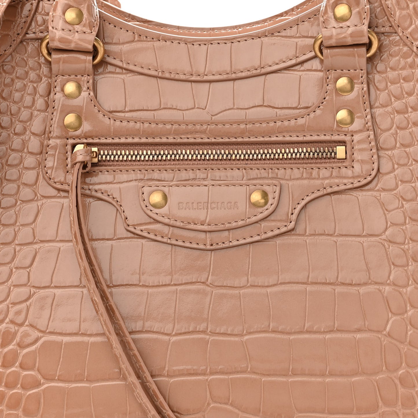 Shiny Supple Calfskin Crocodile Embossed Neo Classic Gold Hardware City Nude Beige
