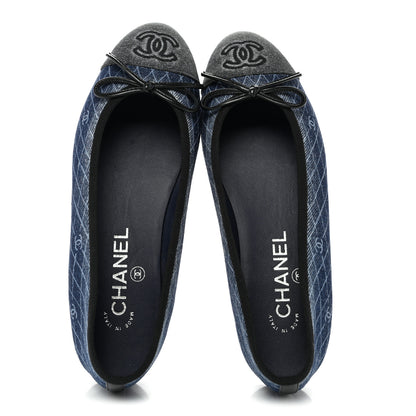 Chanel Denim Printed Quilt CC Cap Toe Ballerina Flats 35.5 Navy Blue Dark Grey 2 of 10