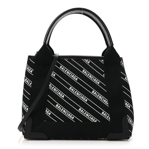Cotton Canvas Calfskin Logo Print Navy Cabas XS Black White