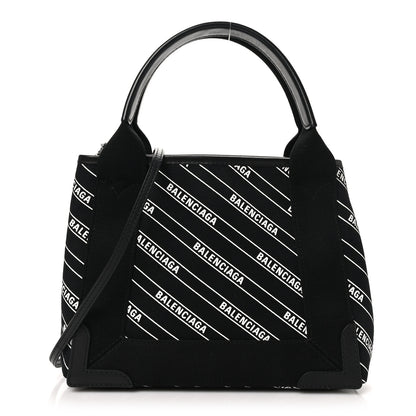 Balenciaga Cotton Canvas Calfskin Logo Print Navy Cabas XS Black White 1 of 11