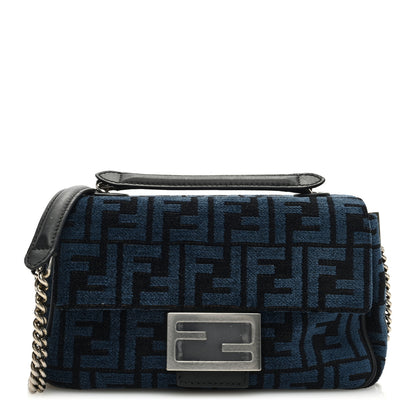 Fendi Chenille Vitello Seta FF Midi Chain Baguette Blue Black 1 of 9