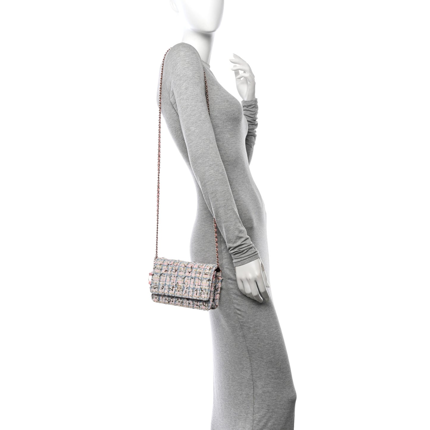 Tweed Quilted Wallet On Chain WOC Blue Pink Gold