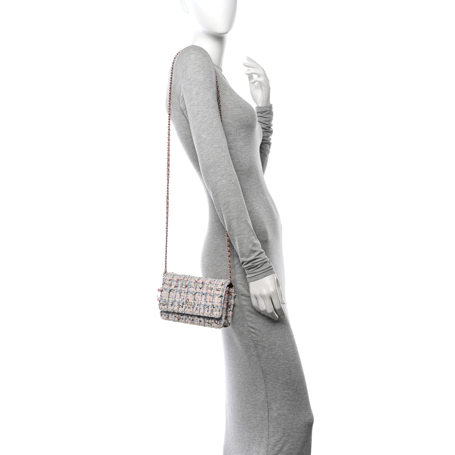 Chanel Tweed Quilted Wallet On Chain WOC Blue Pink Gold 2 of 12