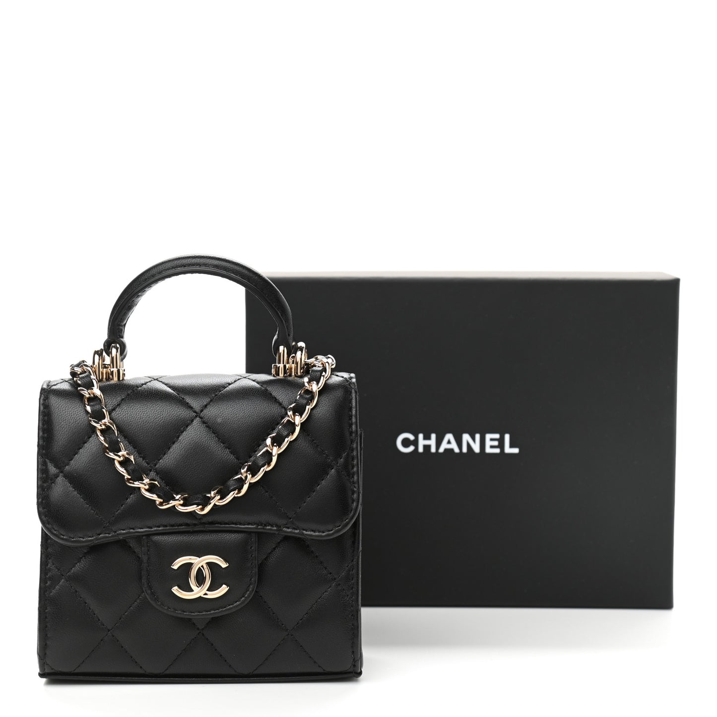 Lambskin Quilted Top Handle Flap Clutch With Chain Black