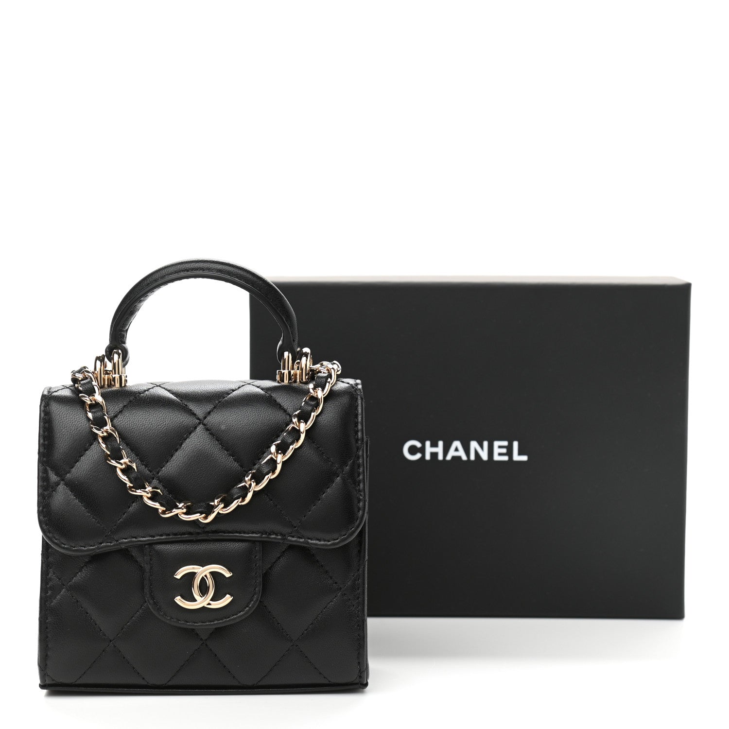 Chanel Lambskin Quilted Top Handle Flap Clutch With Chain Black 12 of 12