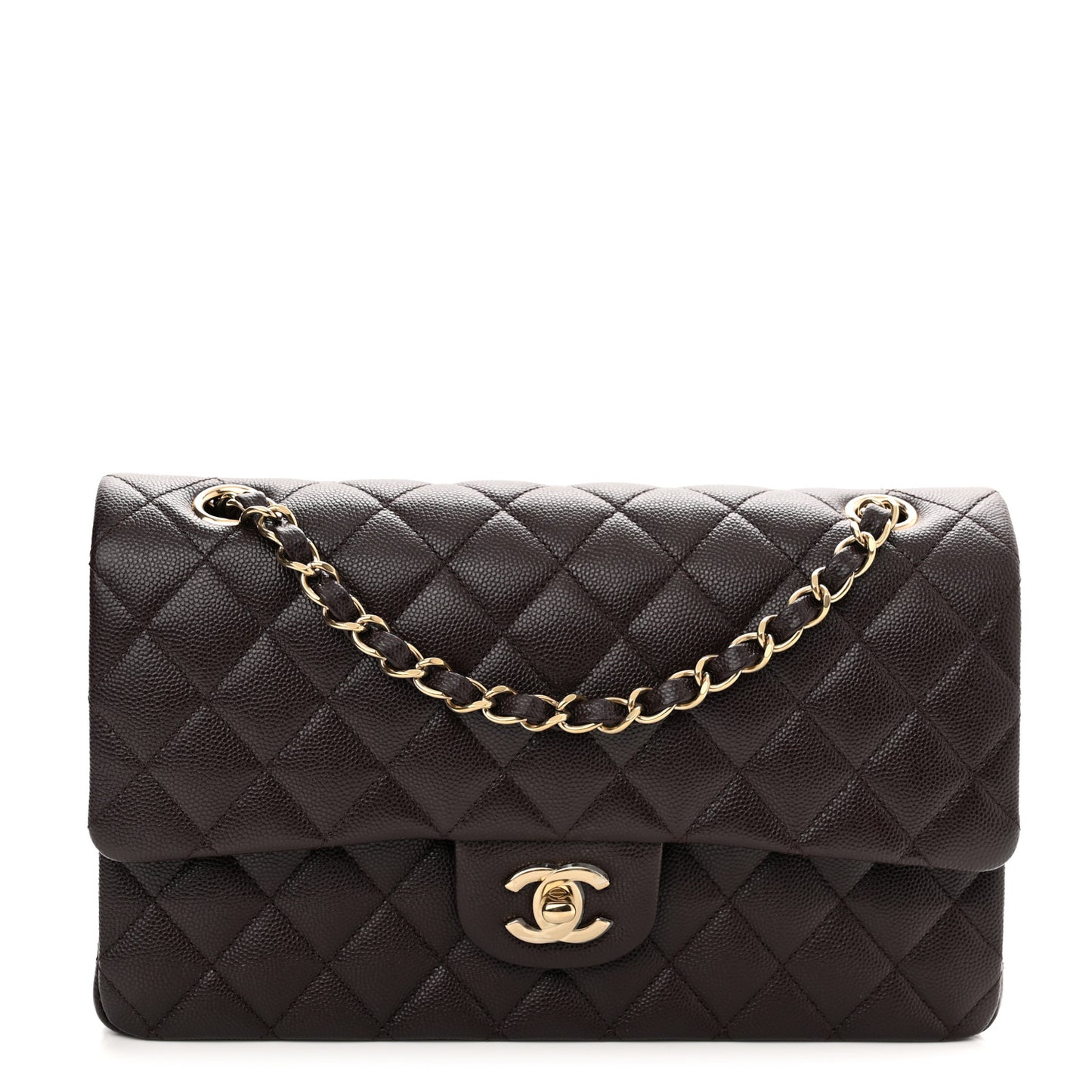 Caviar Quilted Medium Double Flap Dark Brown