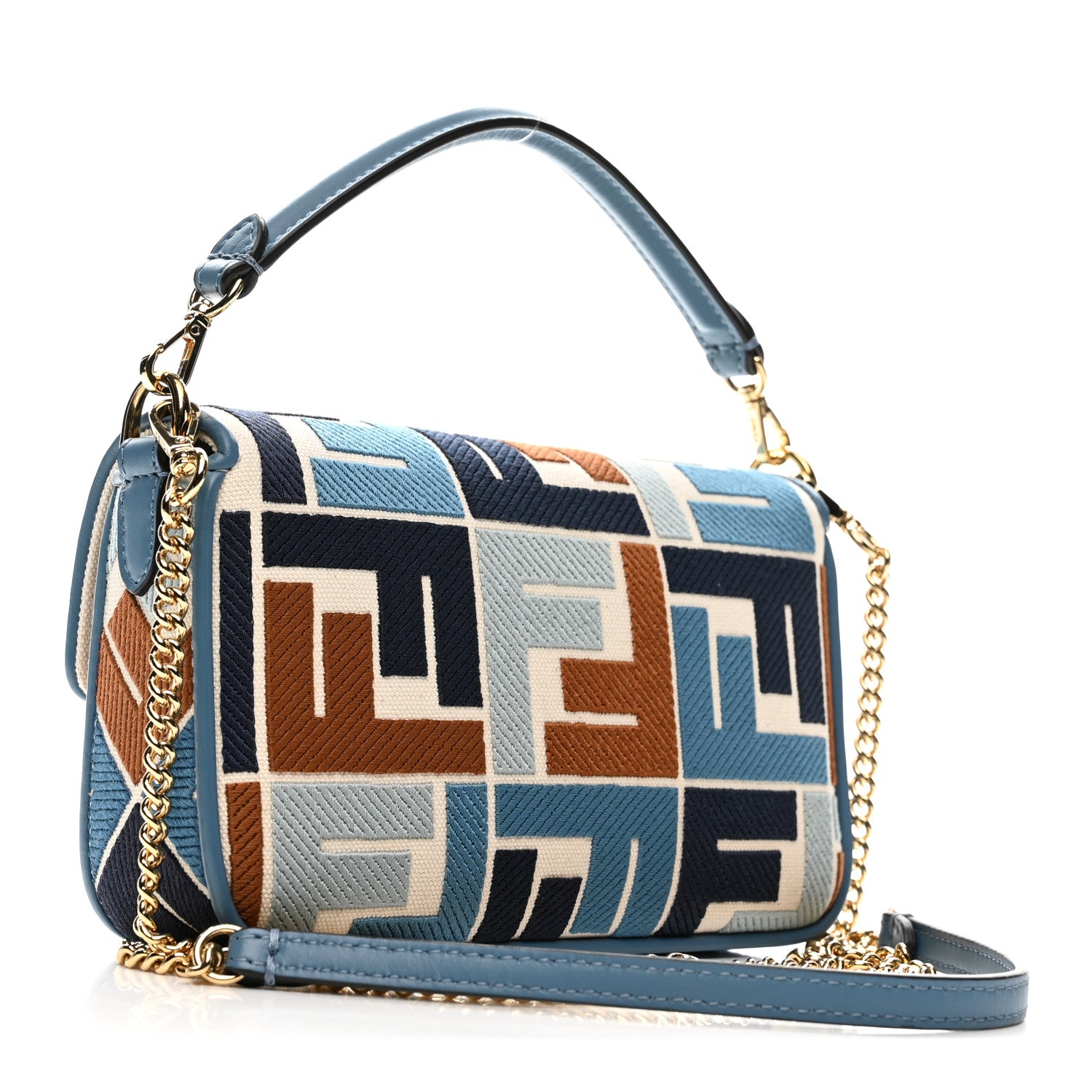 Fendi Canvas Vitello King Seta FF Embroidered Mini Baguette Blue Multicolor 3 of 11