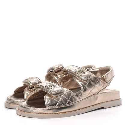 Chanel Iridescent Lambskin Quilted Velcro Dad Sandals 38 Light Bronze 3 of 9