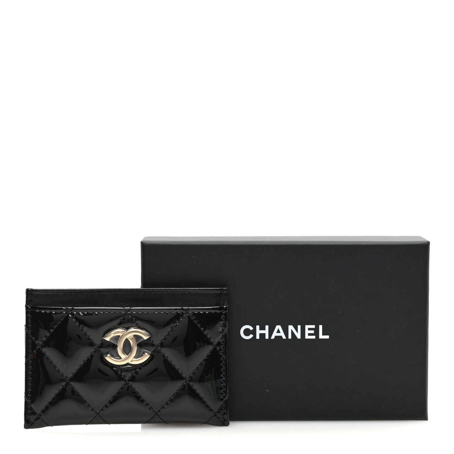 Patent Calfskin Quilted Card Holder Black