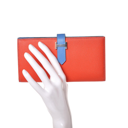 Hermes Epsom Bicolor Bearn Gusset Wallet Orange Poppy Bleu Paradis 2 of 10