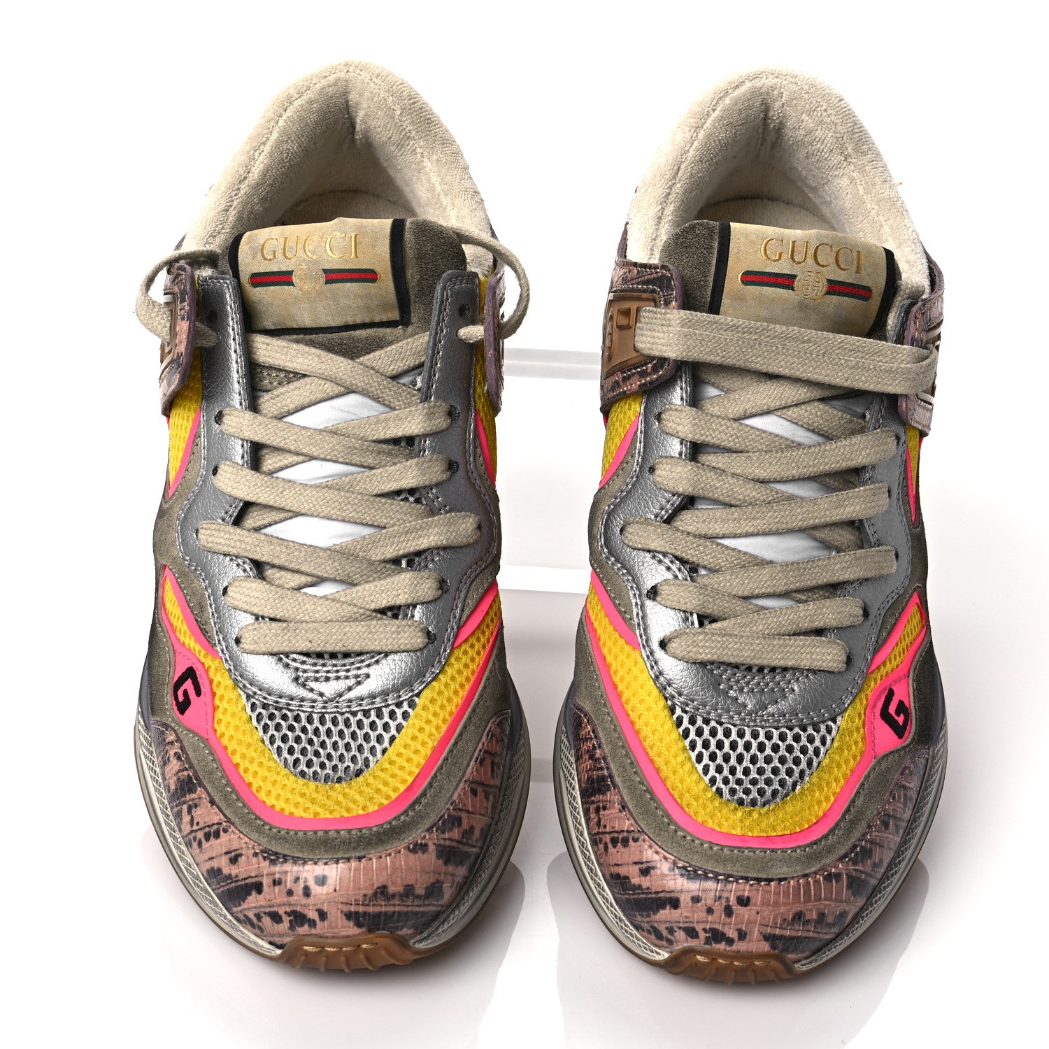 Gucci Suede Calfskin Tejus Printed Womens Ultrapace Sneakers 37.5 Pink Silver Oatmeal Yolk 5 of 11