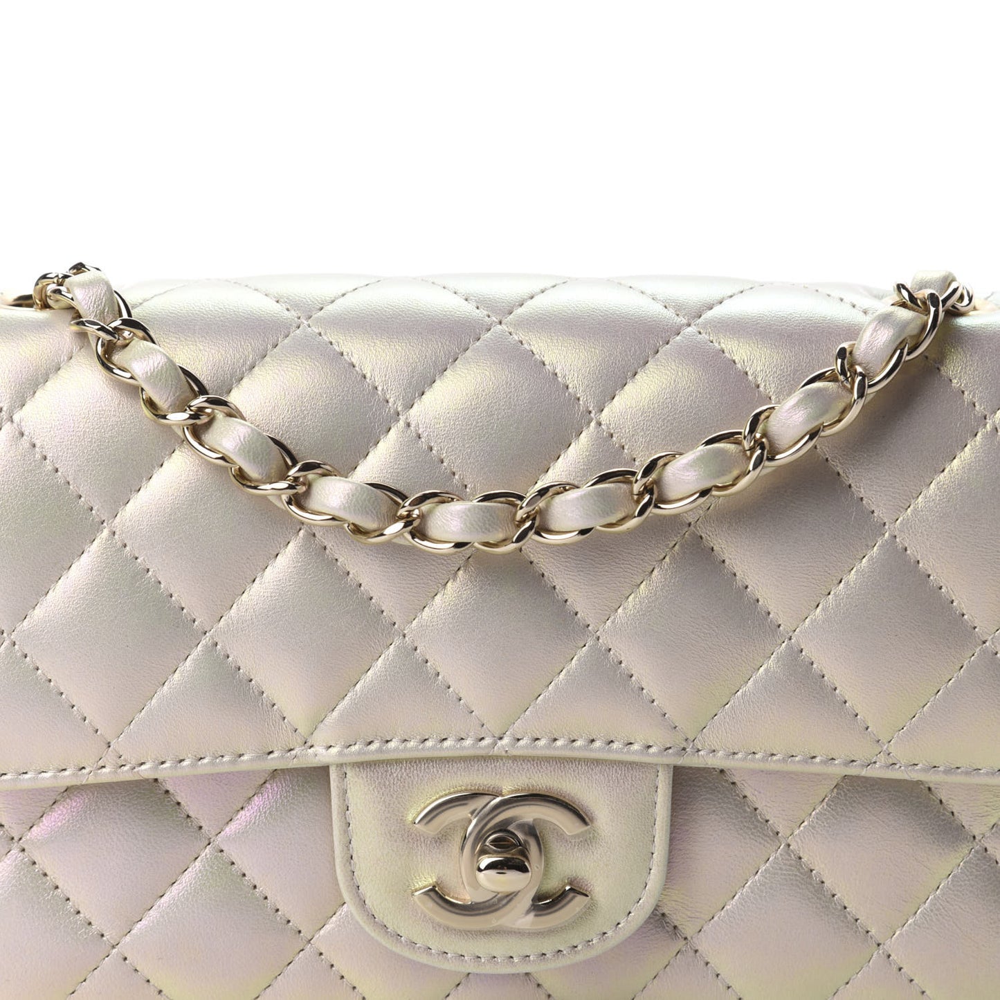 Iridescent Lambskin Quilted Mini Rectangular Flap Ivory