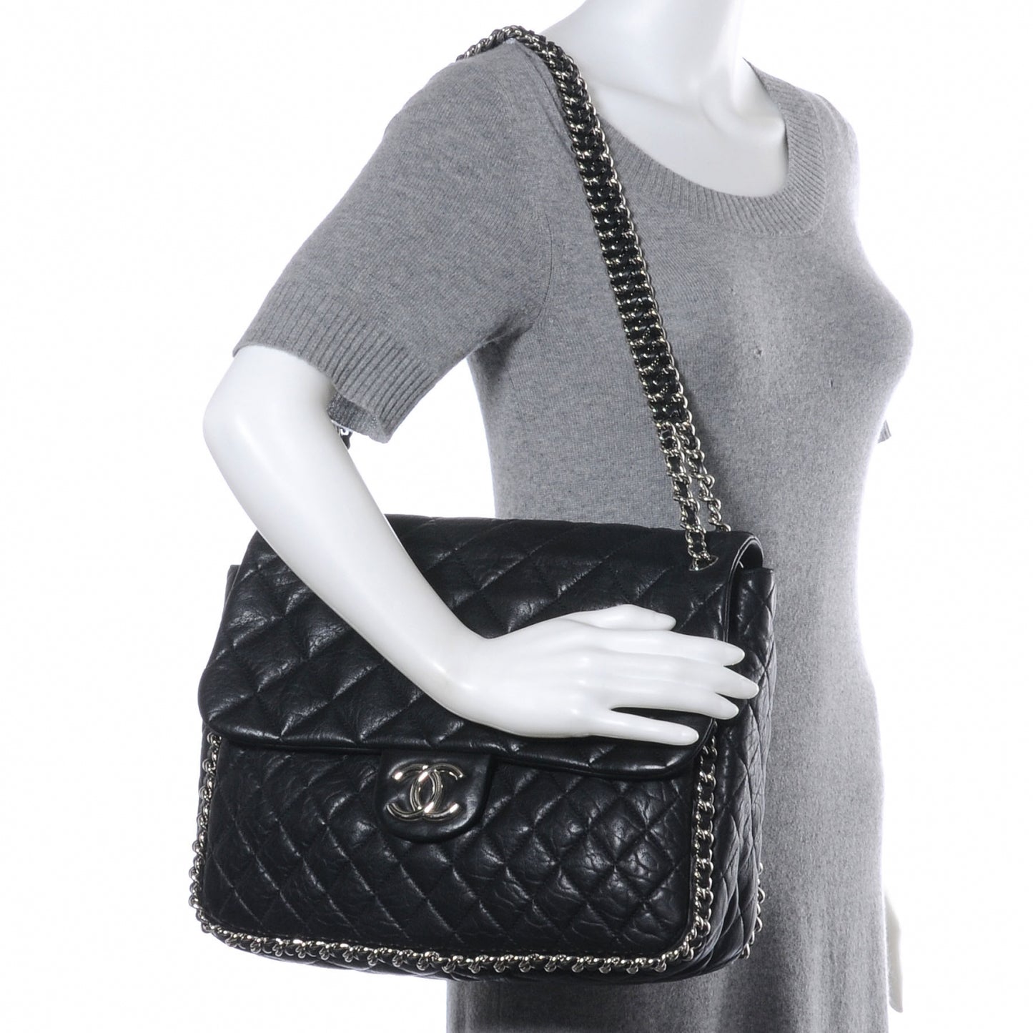 Washed Lambskin Chain Around Maxi Flap Bag Black