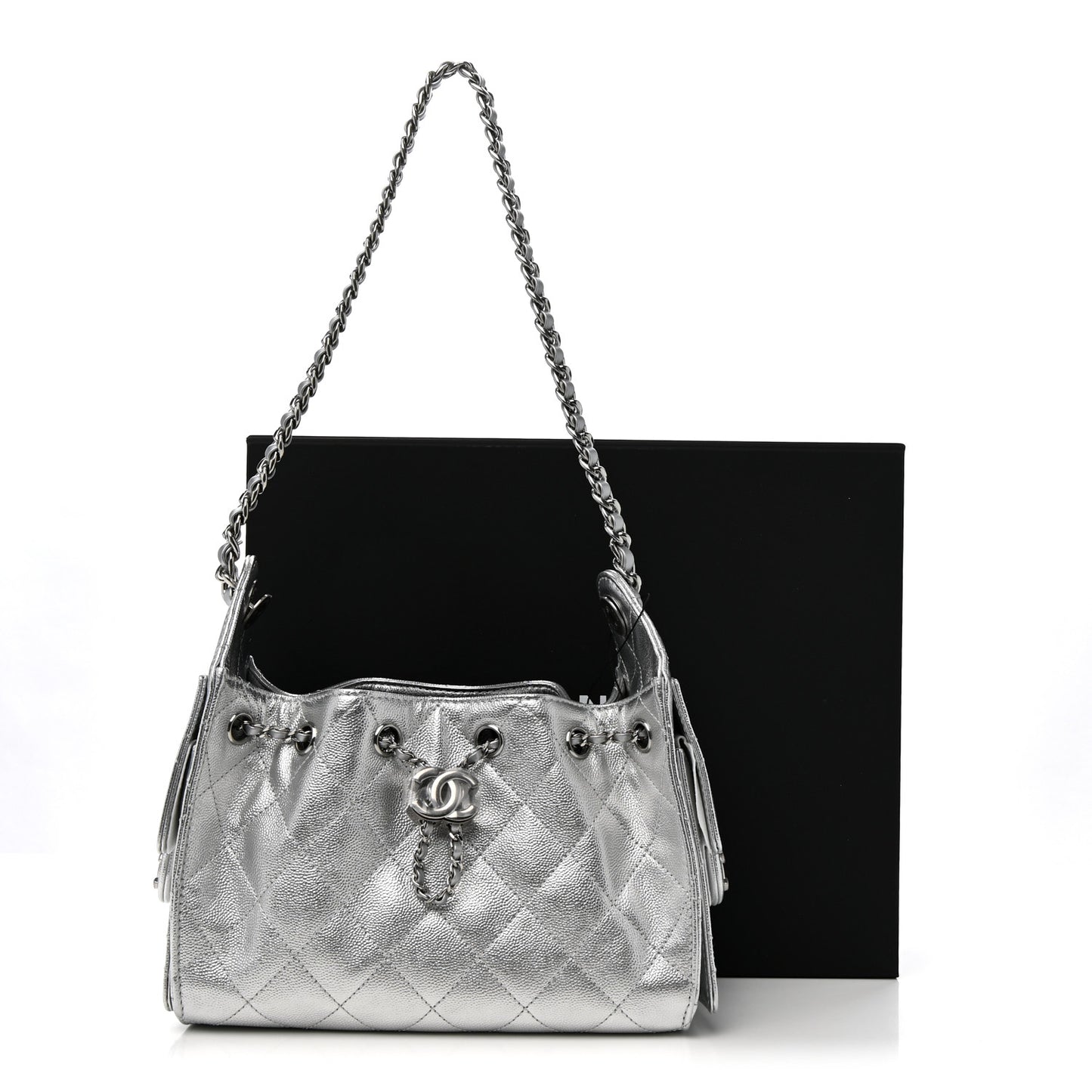 Metallic Caviar Quilted Mini Chanel 25 Handbag Silver