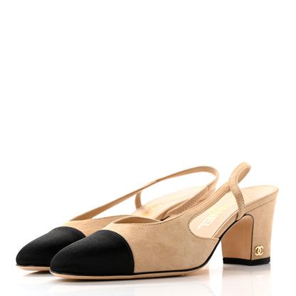 Chanel Suede Cap Toe CC Slingback Pumps 35 Beige Black 3 of 13
