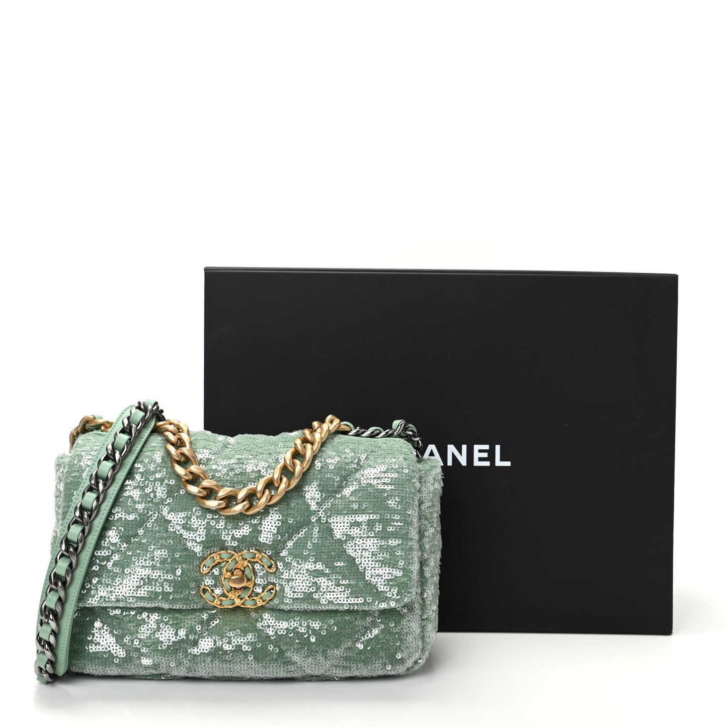 Sequin Quilted Medium Chanel 19 Flap Light Green