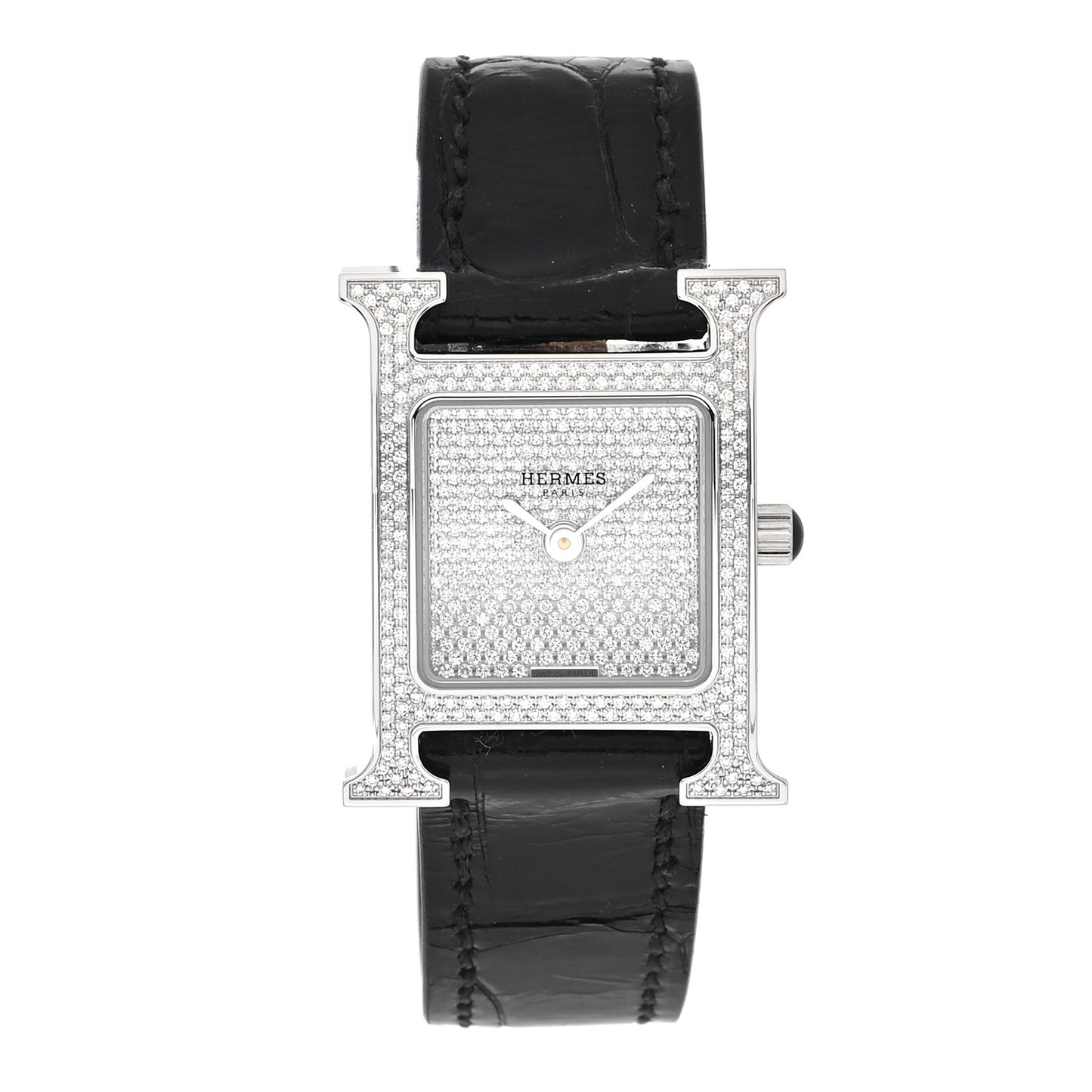 Stainless Steel Alligator Diamond Pave 21mm Heure H Quartz Watch Noir