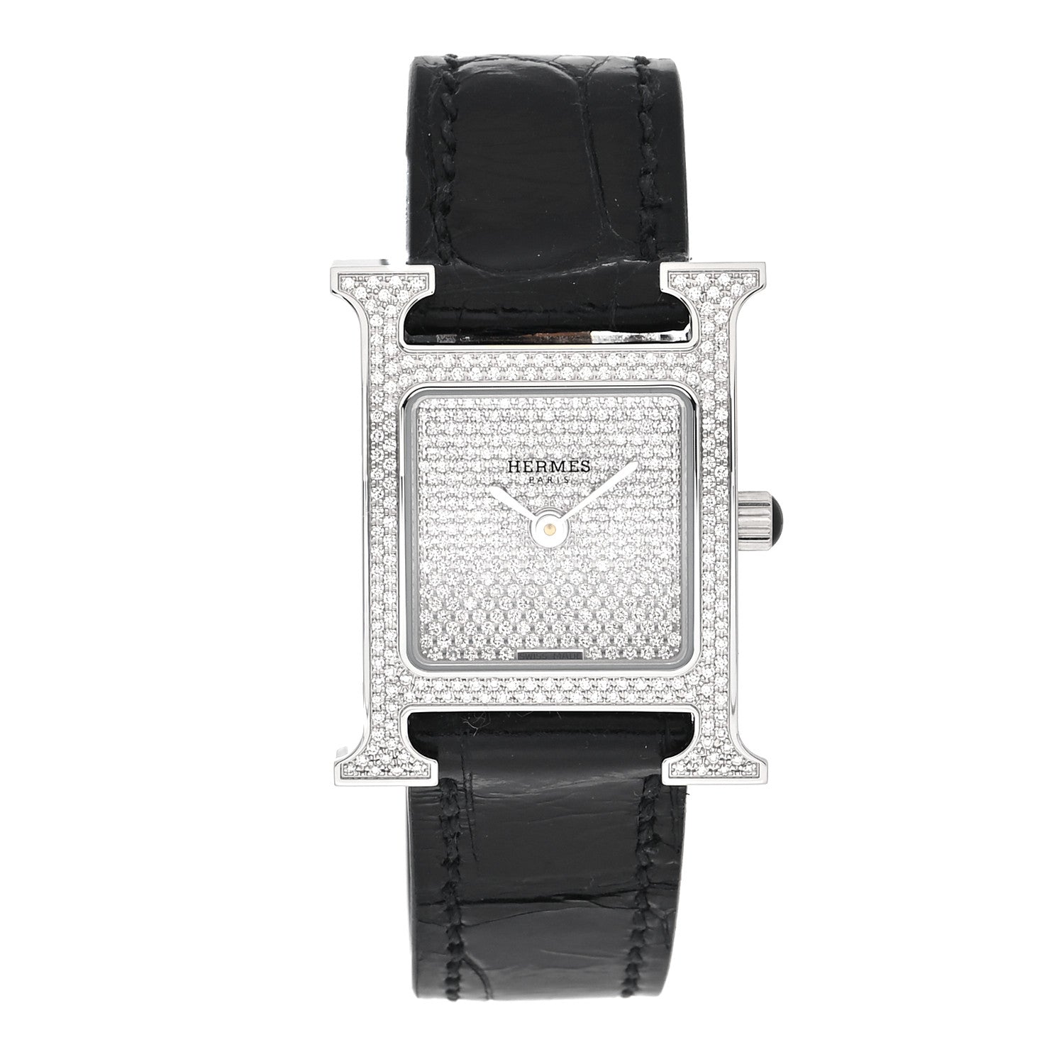 Hermes Stainless Steel Alligator Diamond Pave 21mm Heure H Quartz Watch Noir 1 of 5