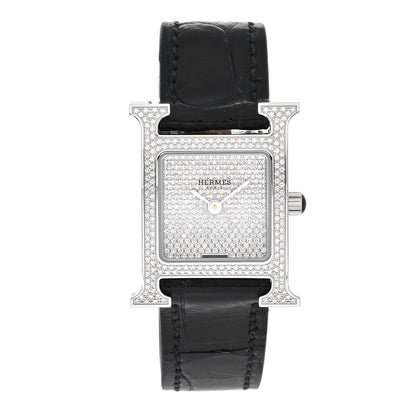 Hermes Stainless Steel Alligator Diamond Pave 21mm Heure H Quartz Watch Noir 1 of 5