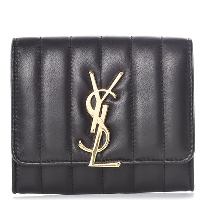 Saint Laurent Lambskin Matelasse Monogram Vicky Tri-Fold Wallet Black 1 of 7