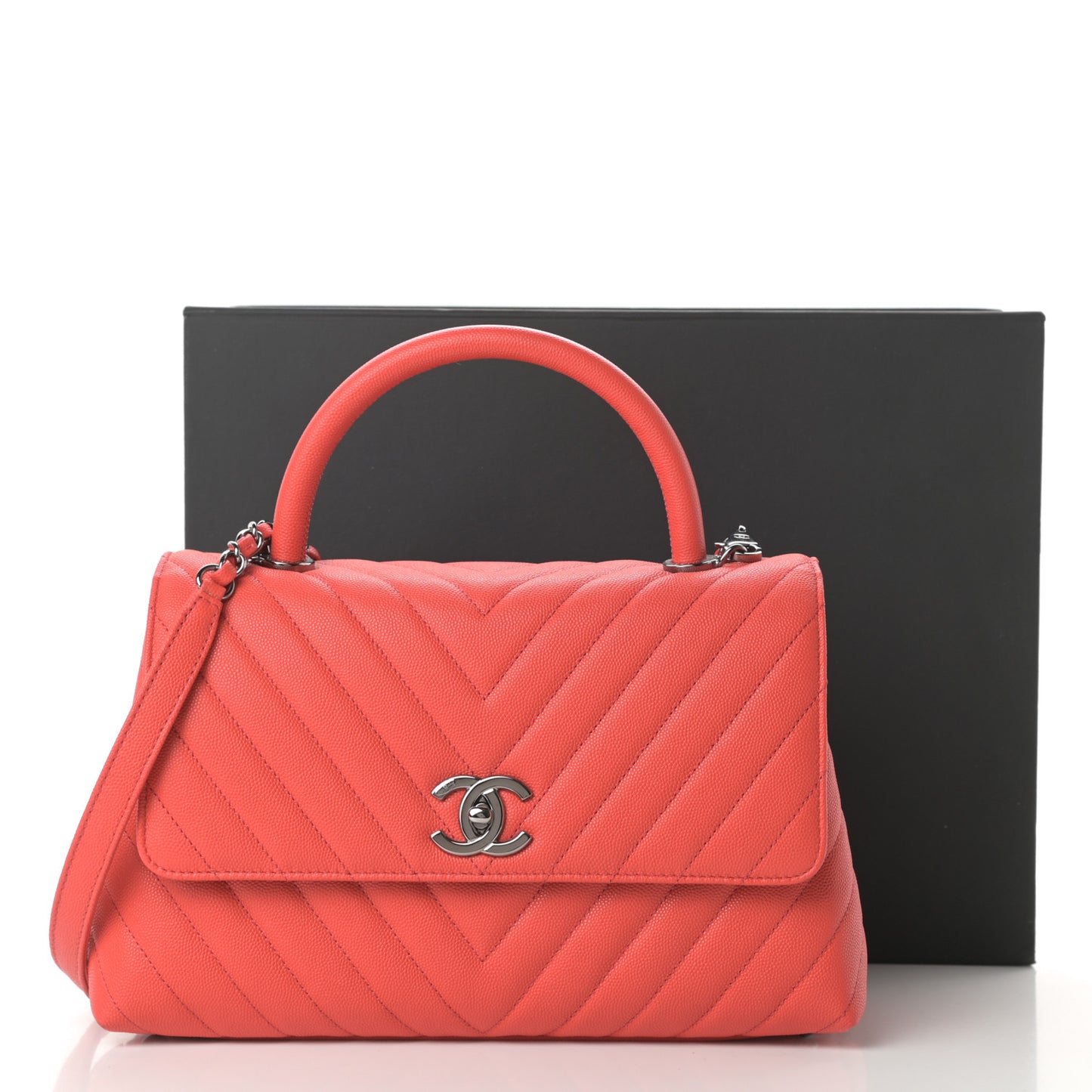Caviar Chevron Quilted Small Coco Handle Flap Coral