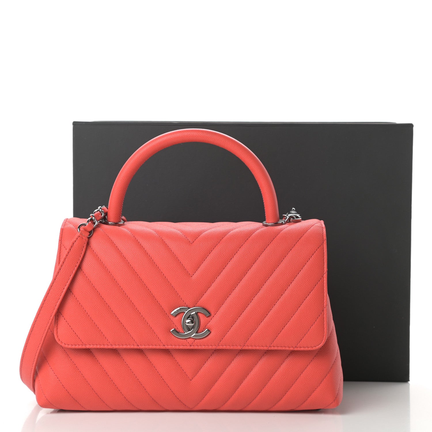 Chanel Caviar Chevron Quilted Small Coco Handle Flap Coral 11 of 11