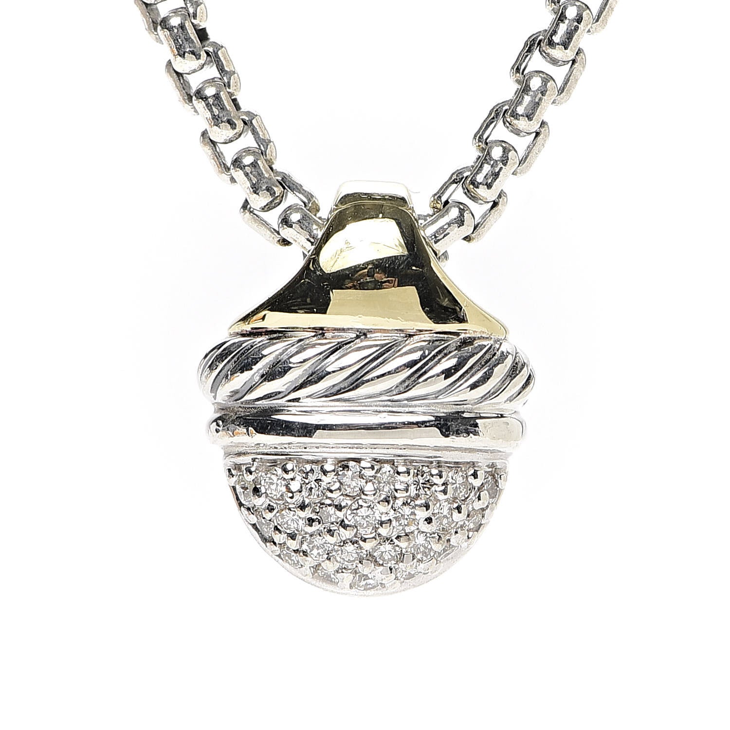 David Yurman Sterling Silver 18K Yellow Gold Diamond Acorn Pendant Necklace 4 of 6