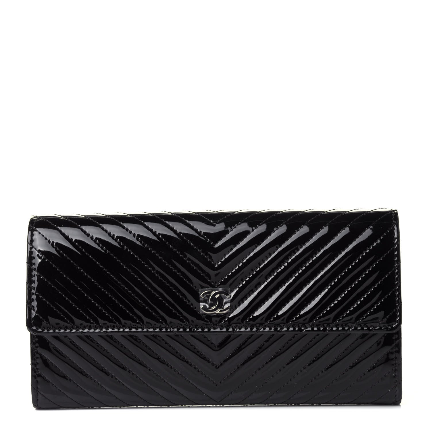Chanel Patent Chevron Quilted Large Gusset Flap Wallet Black 1 of 5