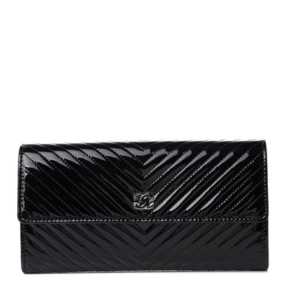 Chanel Patent Chevron Quilted Large Gusset Flap Wallet Black 1 of 5