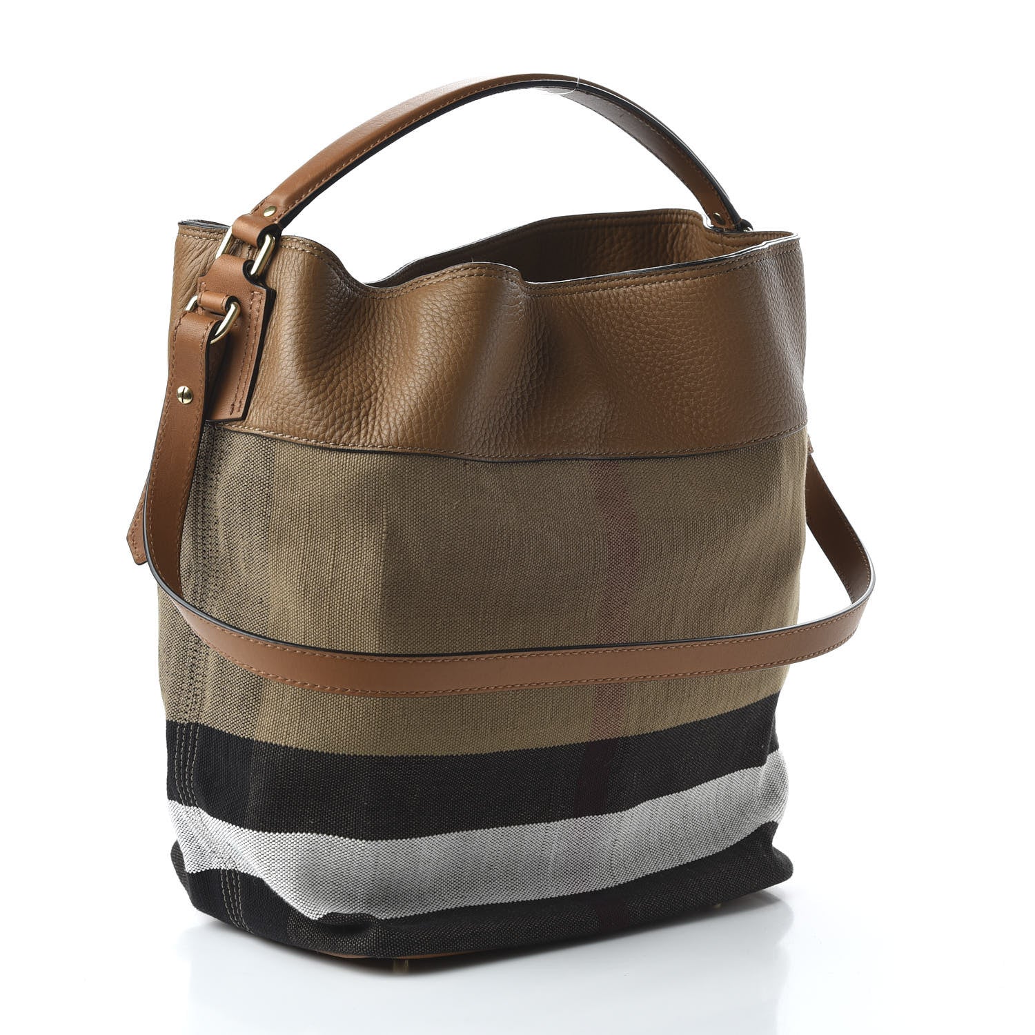 Burberry Grainy Calfskin Canvas Mega Check Medium Ashby Tassel Hobo Saddle Brown 4 of 10