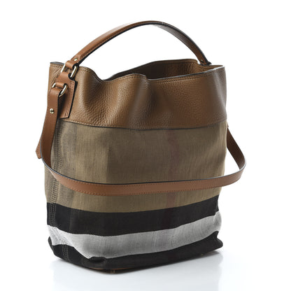 Burberry Grainy Calfskin Canvas Mega Check Medium Ashby Tassel Hobo Saddle Brown 4 of 10