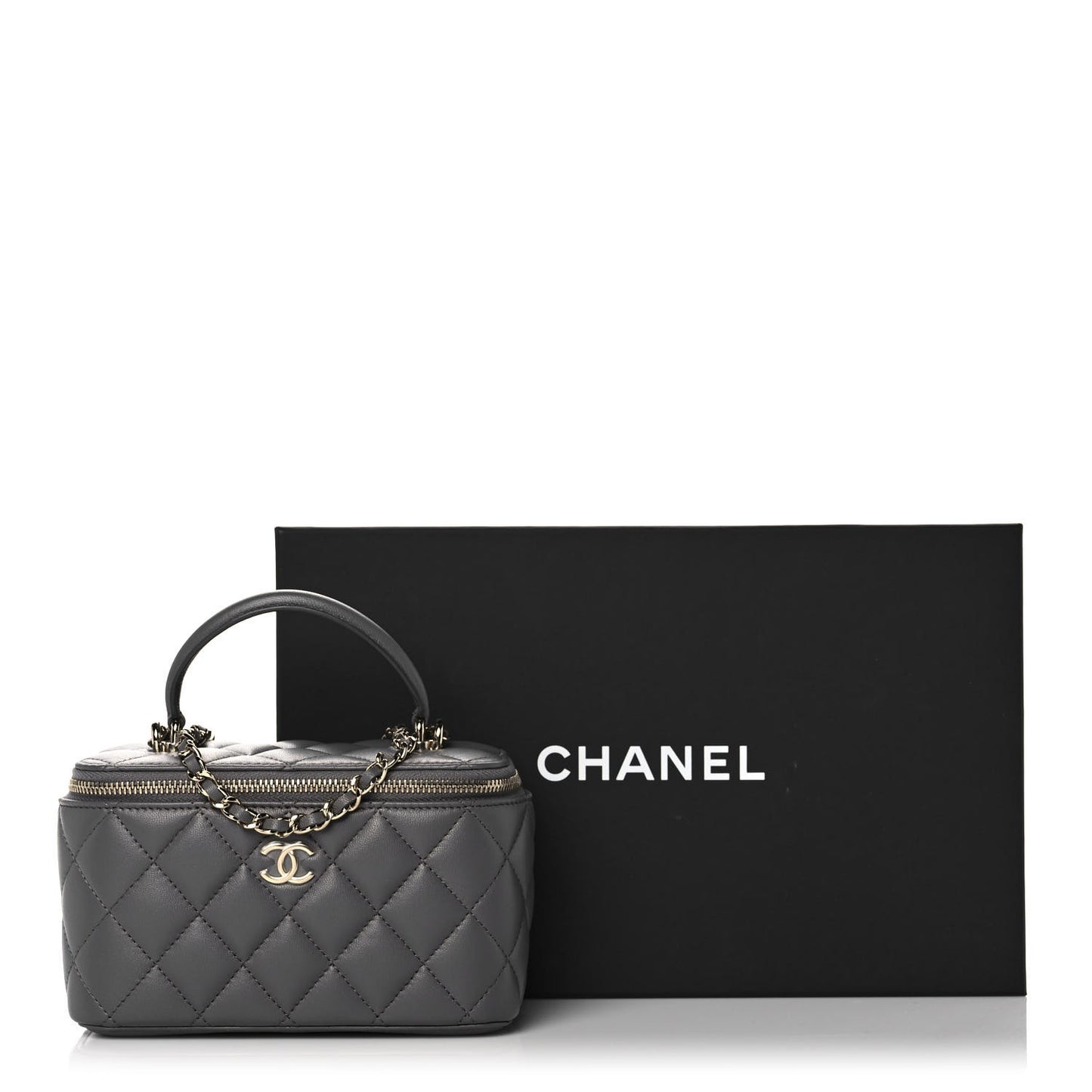 Lambskin Quilted Small Top Handle Vanity Case With Chain Dark Grey