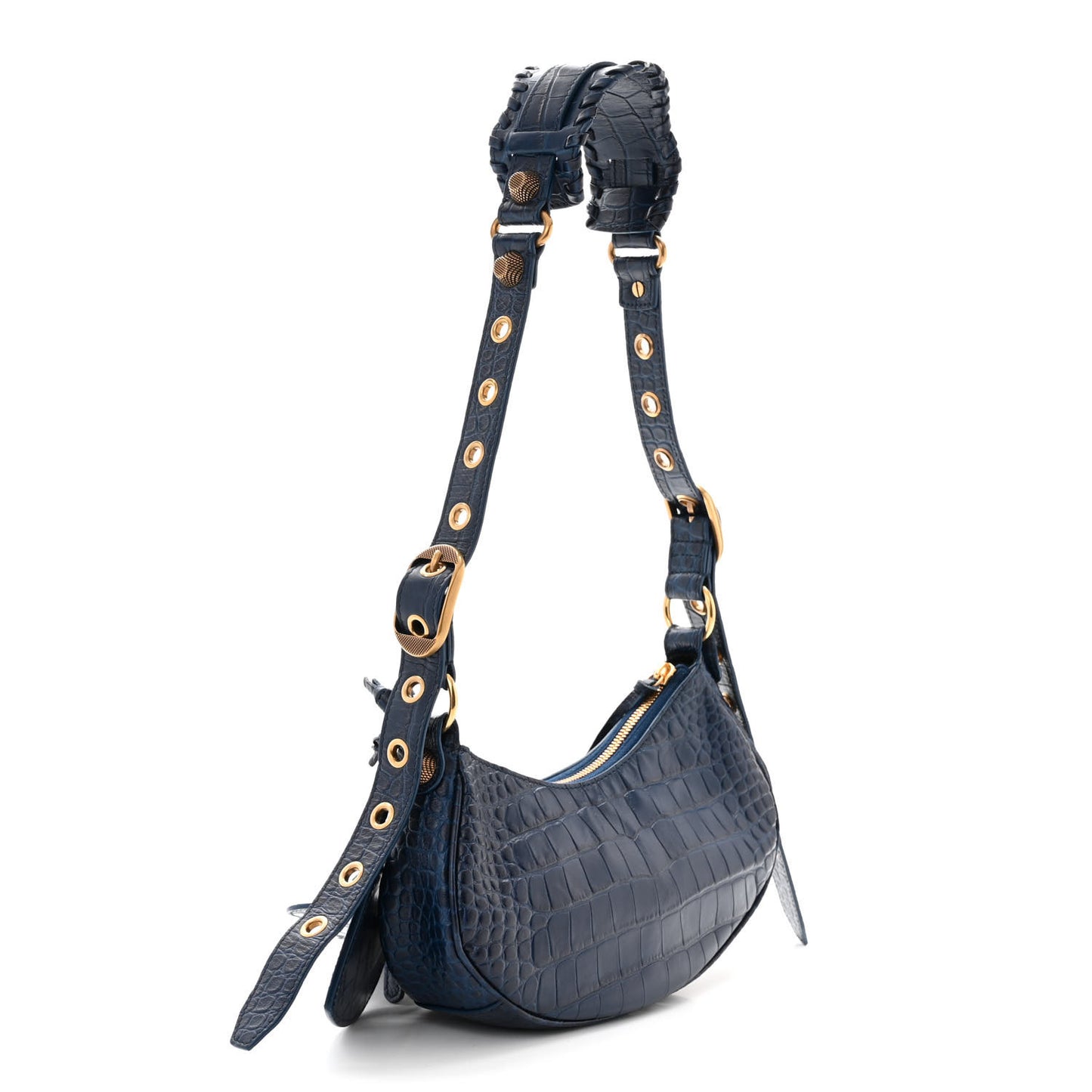 Extra Supple Calfskin Crocodile Embossed Le Cagole Shoulder Bag XS Indigo